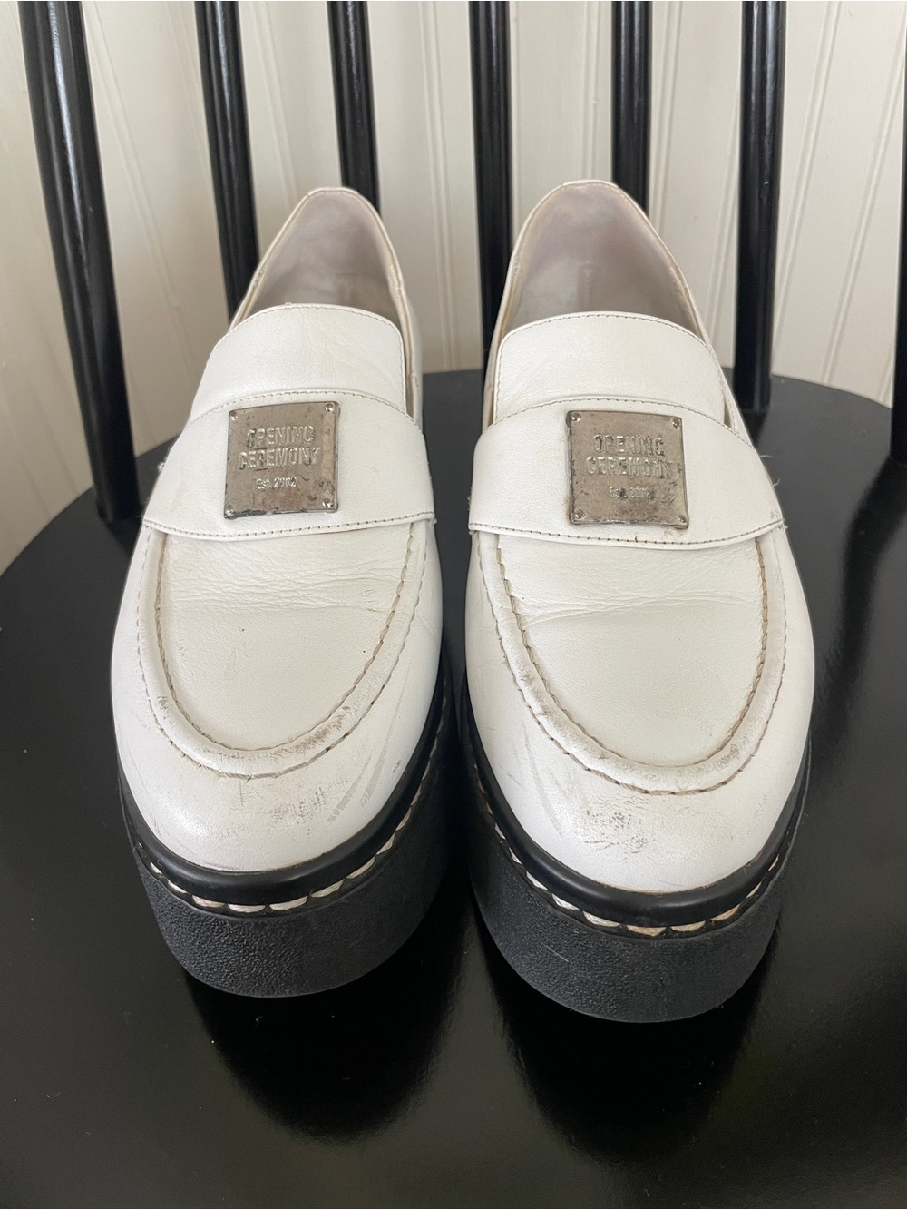 Opening Ceremony White Platform Leather Loafers with Metal Plaque